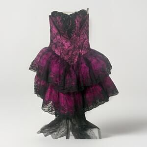 Vintage 80s Pink Black Lace Petticoat Beaded Prom Whimsygoth Vamp Lolita Dress